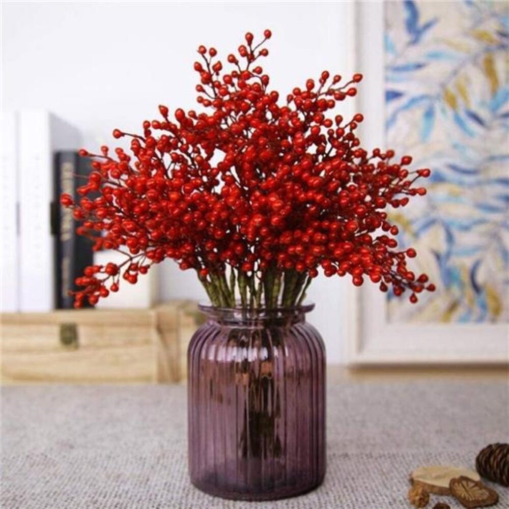 New Artificial Red Berry Stems 8 Pack, Festive Christmas Tree Picks,